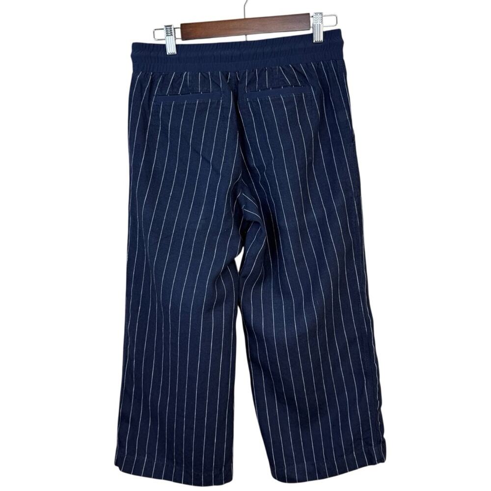 ATHLETA 100% Linen Bali Navy Blue Stripe Wide Leg Drawstring Crop Pants Sz 4 - Picture 3 of 14